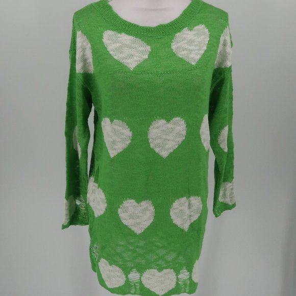 Sweaters - Women's Green Distressed Sweater w Hearts Size Large